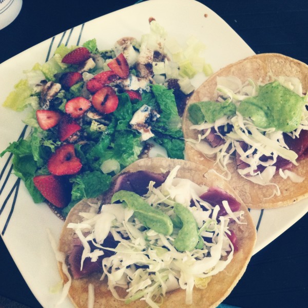 Seared Tuna Tacos with Peach Salsa and Avocado Cilantro Cream