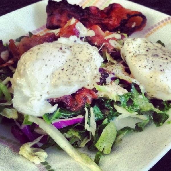The Breakfast Salad with Poached Eggs and Bacon