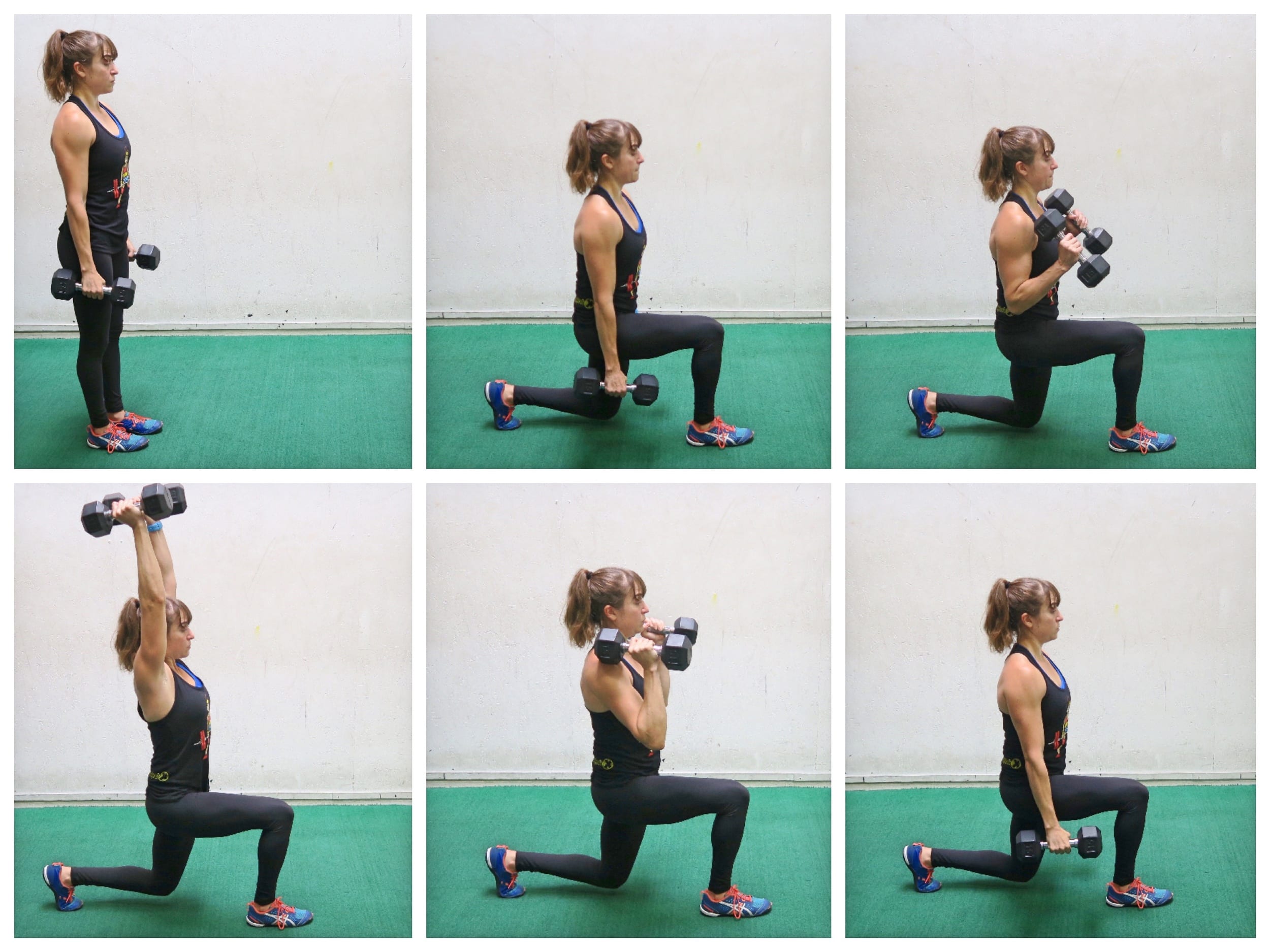 full body dumbbell lunge curl to press